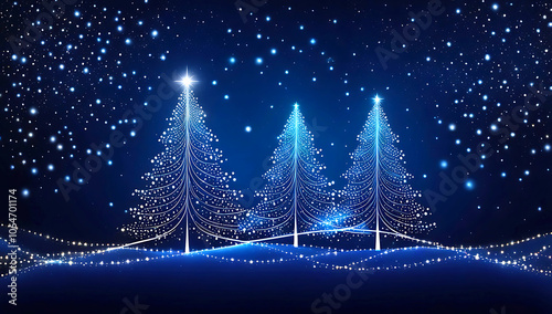 Christmas trees made of interconnected glowing lines and dots, resembling a network or constellation, positioned on either side of the image ,festive holiday theme