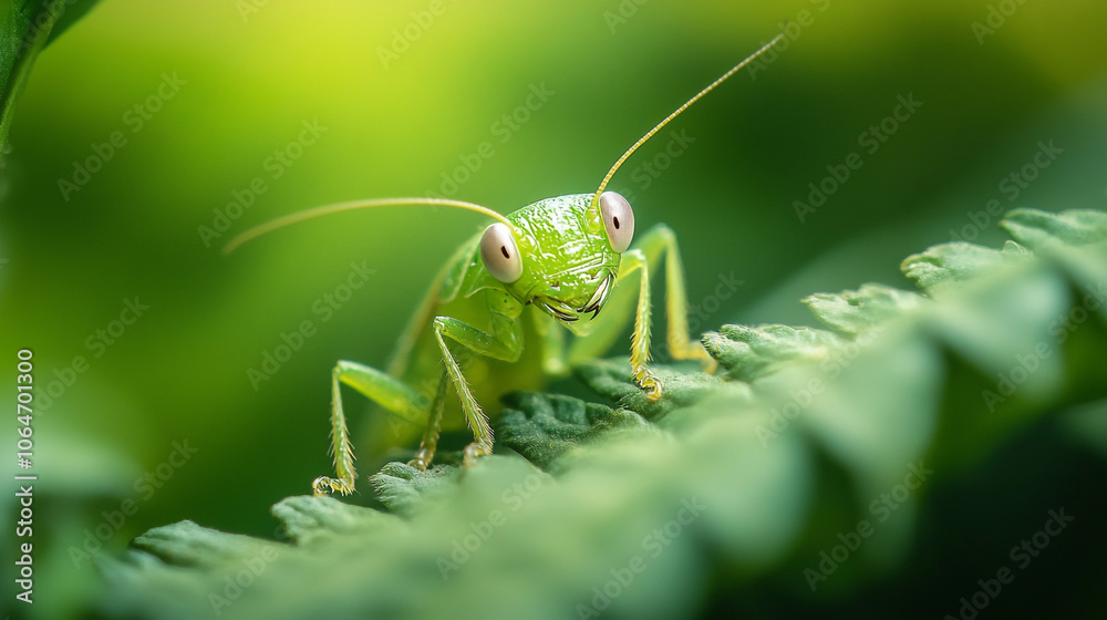 A close-up view of a green grasshopper on vibrant foliage during daylight A close-up view of a green grasshopper on vibrant foliage during daylight