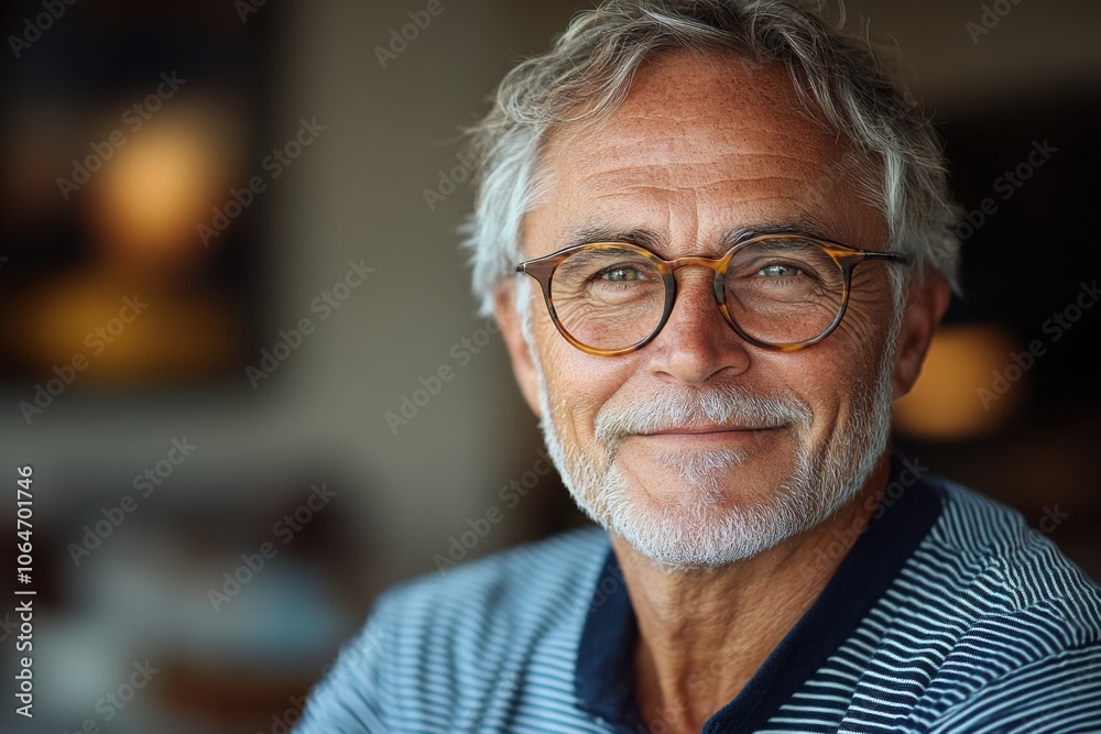 Joyful Elderly Man with Glasses and Striped Shirt in Cozy Interior Setting Joyful Elderly Man with Glasses and Striped Shirt in Cozy Interior Setting