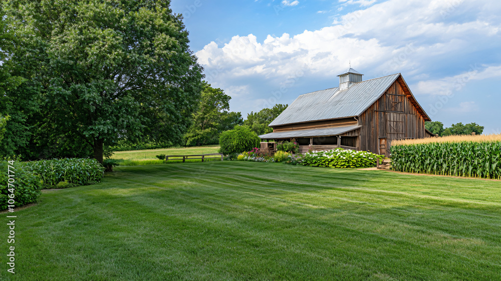 A charming rustic barn located next to a lush cornfield, representing the essence of country living.