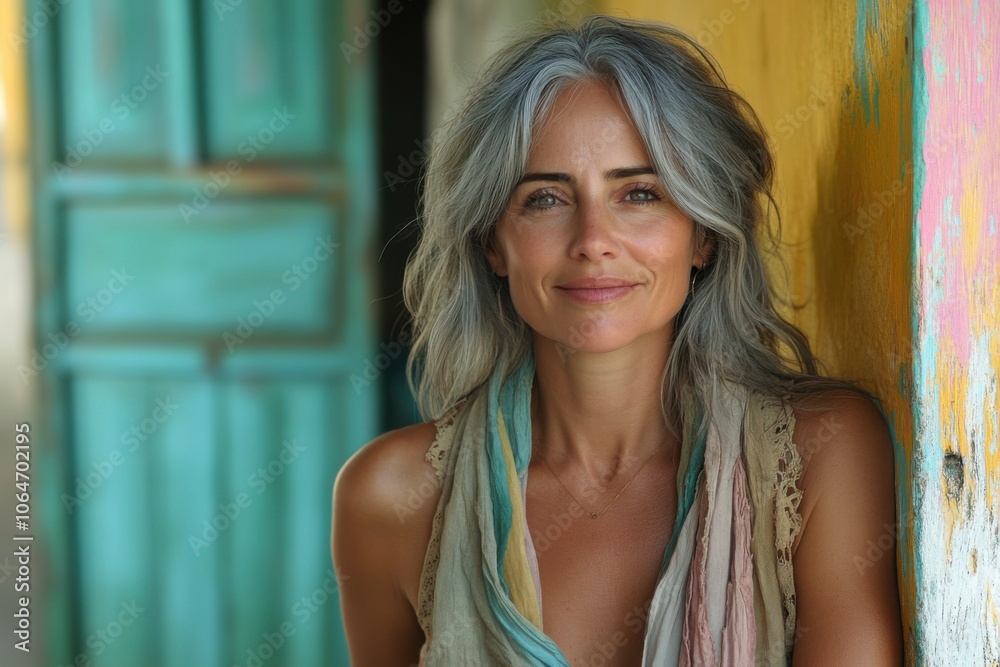 Portrait of Elegant Woman with Gray Hair in Colorful Urban Setting