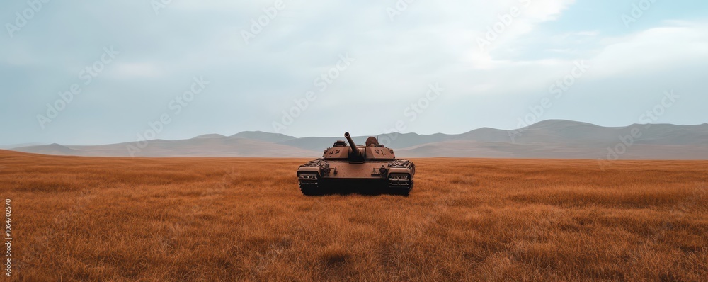 Fototapeta premium Deserted tank in field: a symbol of forgotten battles and the passage of time in a desolate landscape.