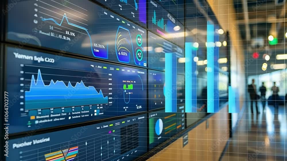 Video wall is displaying various charts and graphs, providing real time insights into network activity and potential security threats