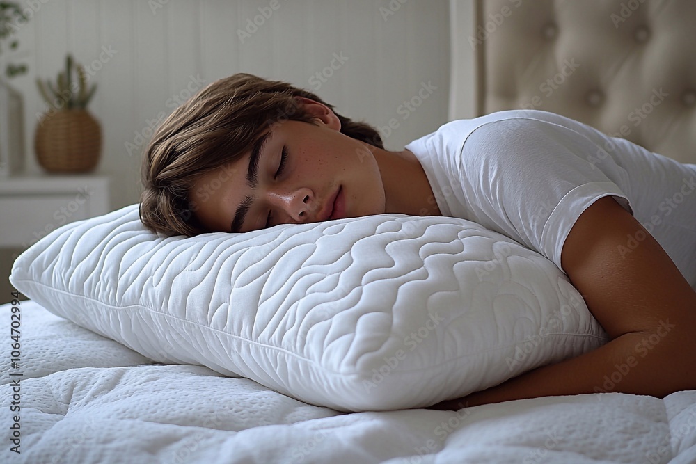 Take a shot of a person sleeping on a soft pillow in a relaxed position, emphasizing the comfort of sleep. Take a shot of a person sleeping on a soft pillow in a relaxed position, emphasizing the comfort of sleep.