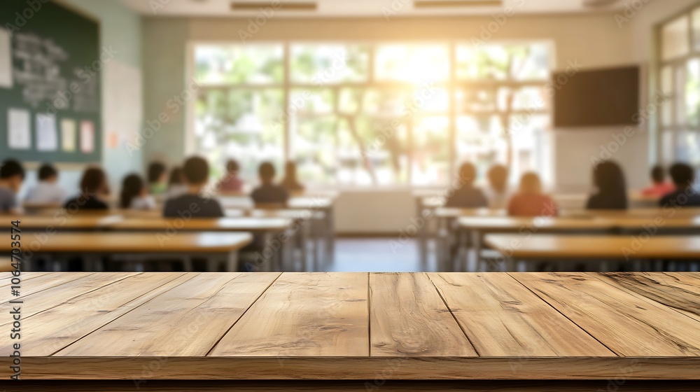 Wooden Table Top in a Blurred Classroom Wooden Table Top in a Blurred Classroom