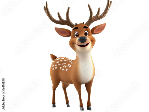 Vibrant 3D Cartoon Deer, whimsical design, intricate antlers, playful expression, colorful backdrop, imaginative character art. photo