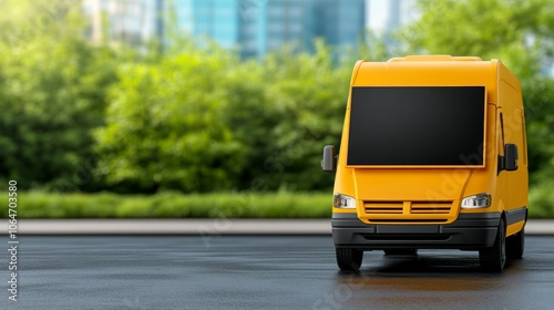 Yellow delivery truck parked on roadside, a symbol of logistics, transport, and shipping services in the transportation industry photo