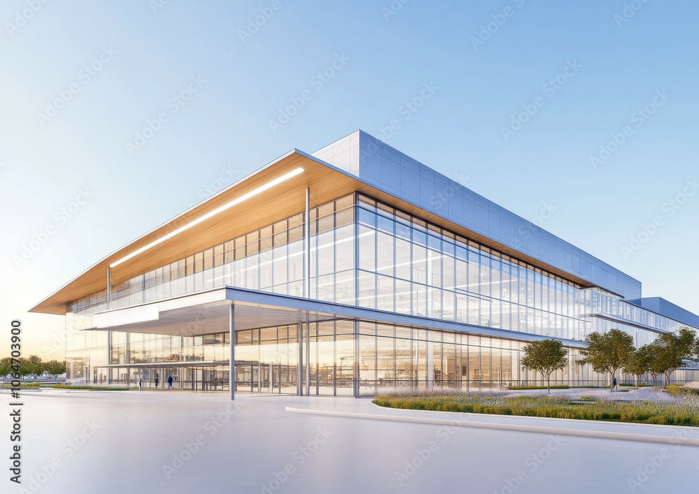 Obraz premium 3D rendering of a modern industrial building with glass facade
