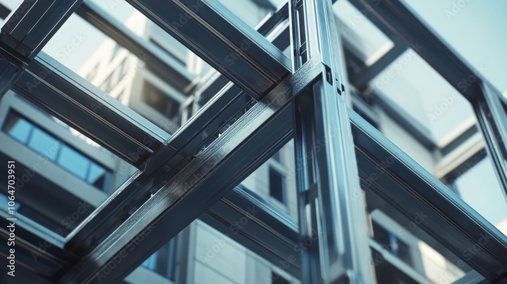 Fototapeta premium A close-up view of a building's steel framework, showcasing the structure's grid pattern against a clear sky backdrop.
