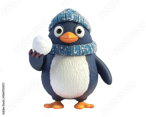 Playful Penguin with a Snowball, vibrant cartoon depiction of a cheerful penguin playfully holding a snowball in a whimsical snowy landscape