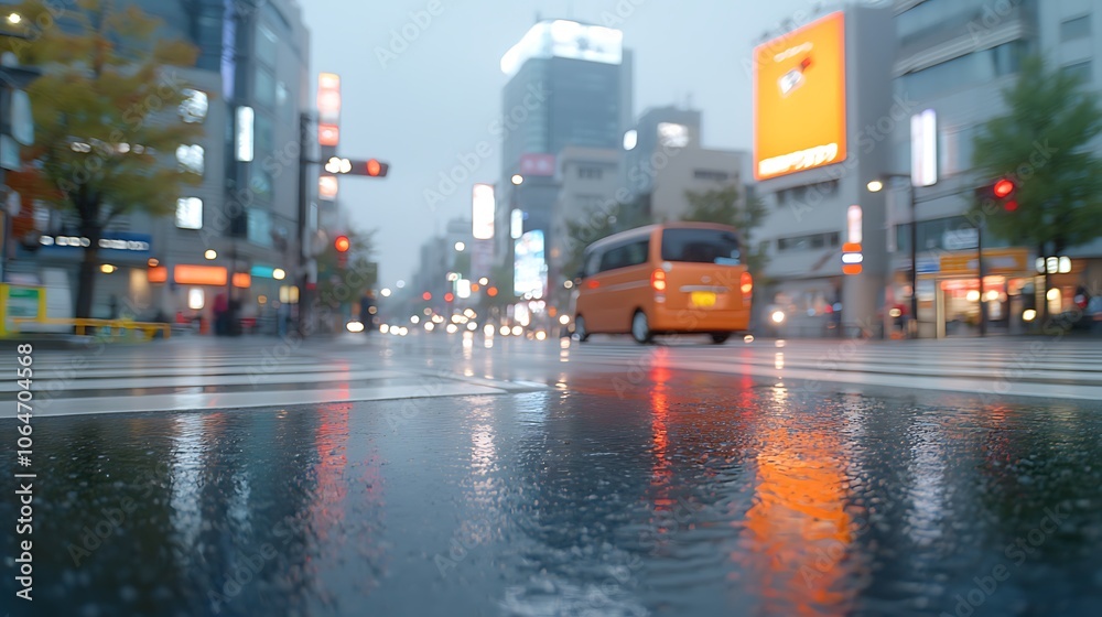 City streets shine with reflections during rainy weather as traffic moves along City streets shine with reflections during rainy weather as traffic moves along