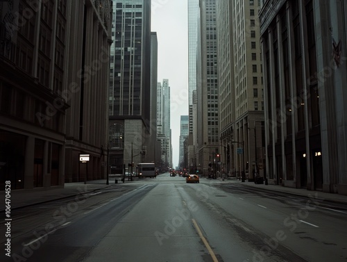 A quiet city street flanked by tall buildings, showcasing an urban landscape in muted tones.