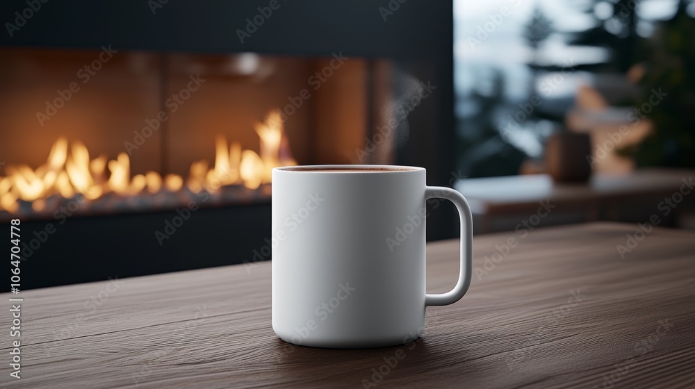 Fototapeta premium Coffee mug with steam, cozy fireplace background