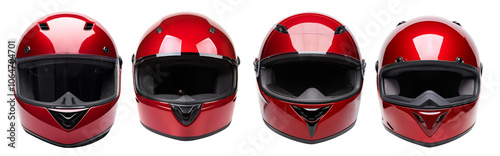 Four red motorcycle helmets displayed from different angles on a white isolated background. photo