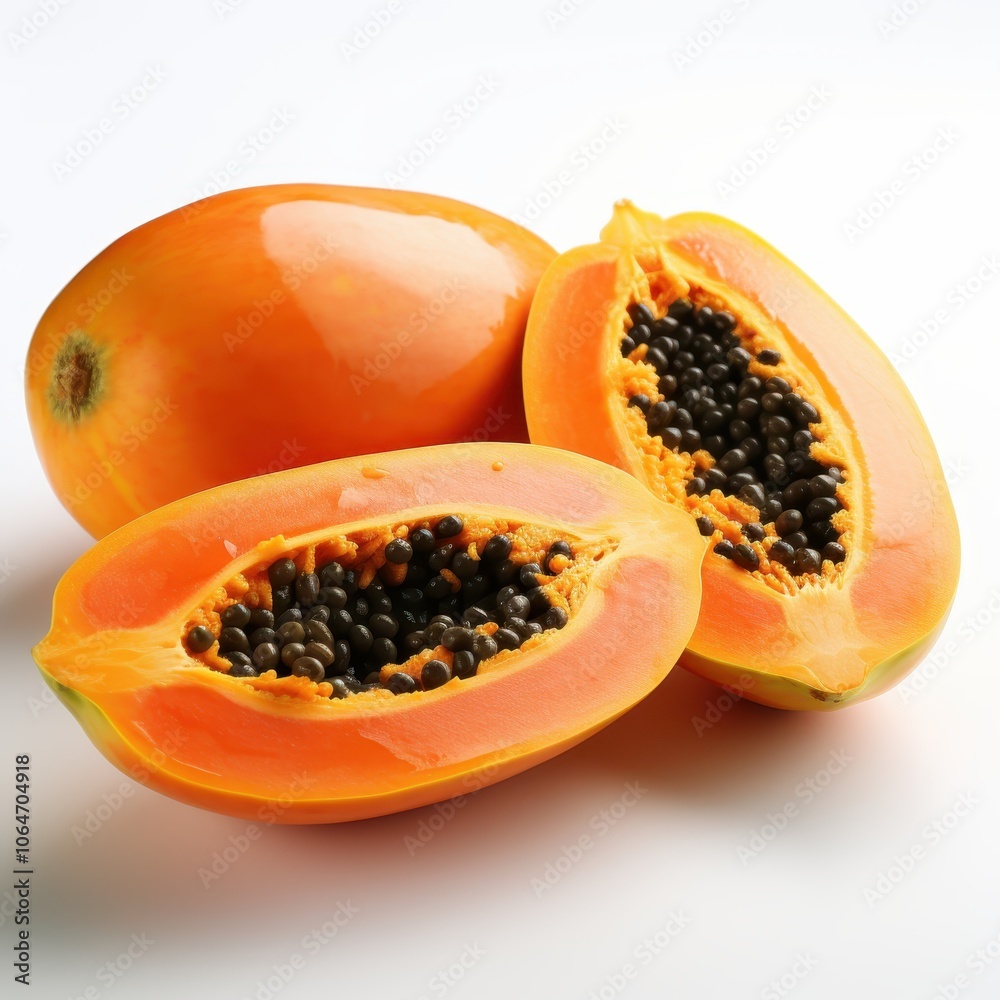 Fresh papaya fruit sliced open on a clean white background Fresh papaya fruit sliced open on a clean white background