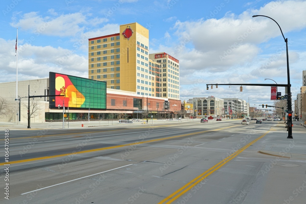 Obraz premium Urban scene featuring a large building with colorful signage and a clear blue sky.