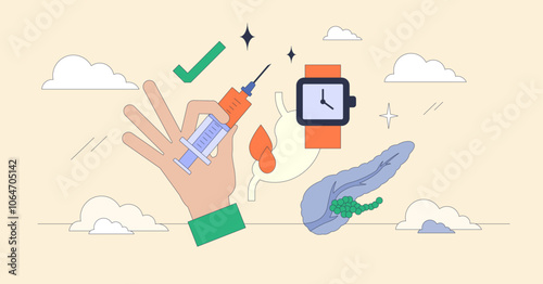 GLP-1 drugs concept with syringe, watch, and broccoli symbolizing time, health, and nutrition. Neubrutalism style.