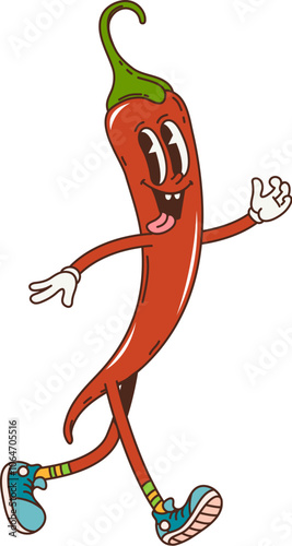 Cartoon groovy hot chili pepper vegetable character, vector retro funky comic. Groovy funny red chili pepper with silly face and tongue out walking with freaky smile for vegetable food emoji character