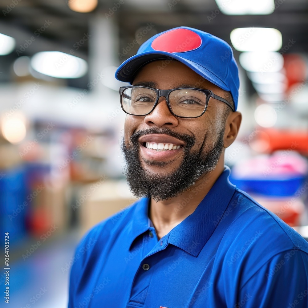 Professional male mail carrier in a blue uniform at work