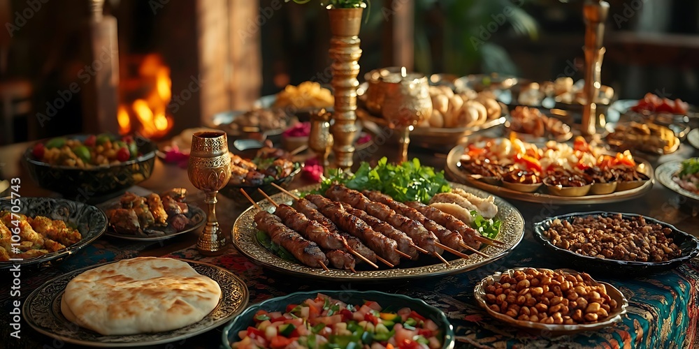 Fototapeta premium Delicious Middle Eastern Feast on a Rustic Table with Goldenware - Illustration