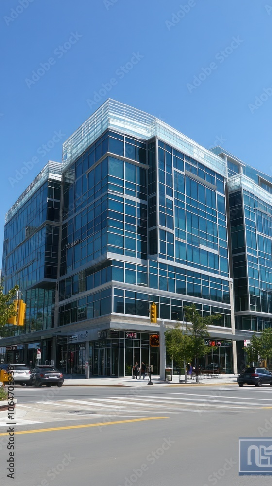Modern glass office building with a clear blue sky and urban surroundings. Modern glass office building with a clear blue sky and urban surroundings.