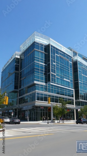 Modern glass office building with a clear blue sky and urban surroundings.