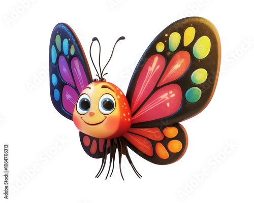 Joyful butterfly illustration, vibrant colors, whimsical design, cheerful expression, playful atmosphere, enchanting nature scene, delightful artwork