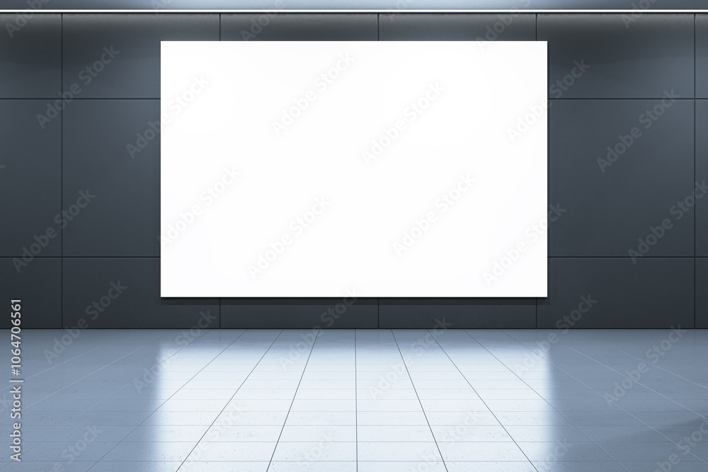 Clean empty dark spacious interior with mock up banner on wall. 3D Rendering. Clean empty dark spacious interior with mock up banner on wall. 3D Rendering.