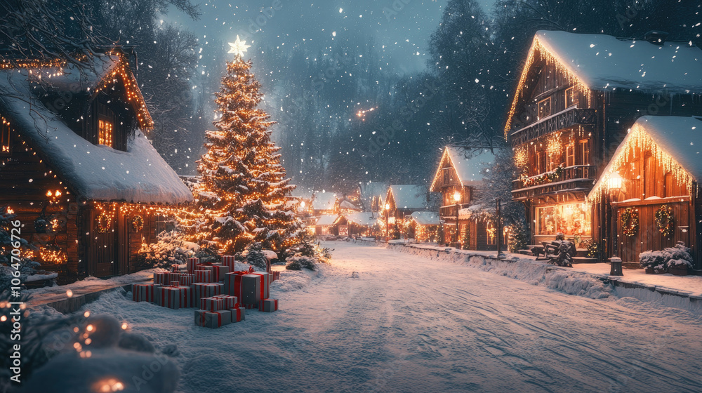 At night, the house and Christmas tree are adorned with lights At night, the house and Christmas tree are adorned with lights