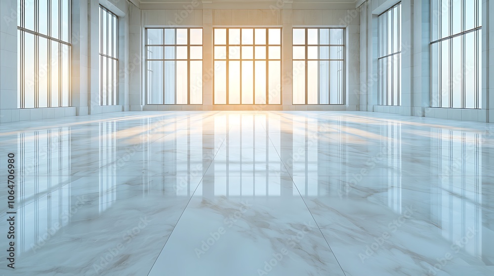 Fototapeta premium Bright sunlight illuminates a spacious modern interior with reflective marble floors