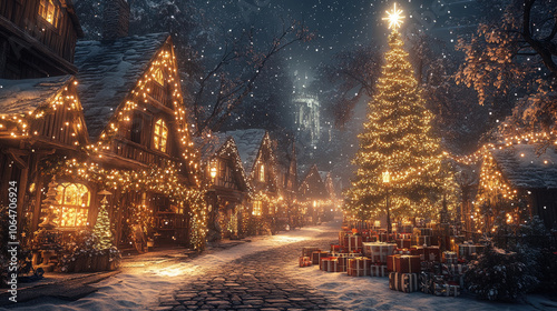 At night, the house and Christmas tree are adorned with lights