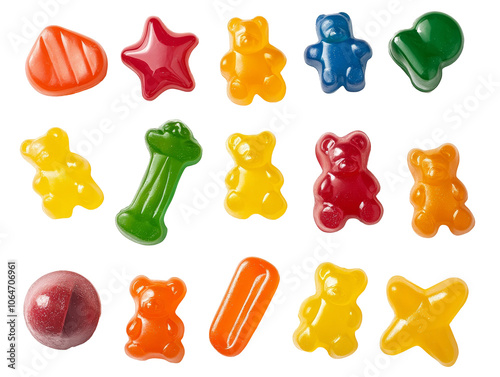Vibrant assortment of gummy bear candies, diverse shapes, bright colors, playful treats, ideal for celebrations and sweet cravings.