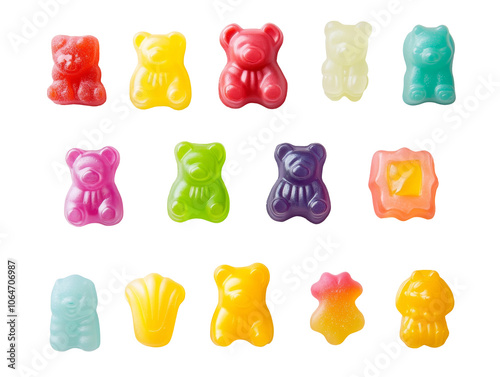 Vibrant gummy bear candies in assorted shapes, showcasing a delightful array of colors and textures, perfect for sweet treats and decorations.
