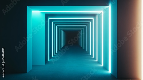 3D Asymmetrical Endless Room with Dark Blue Tunnel photo