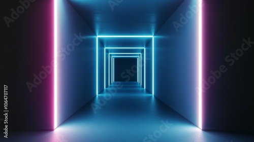 3D Asymmetrical Endless Room with Dark Blue Tunnel