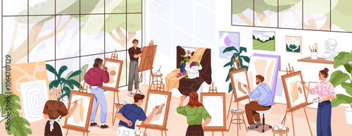 Artists painting still life on canvas during art class panoramic view. Happy people study to drawing with paint on easel at lesson. Creative men and women work together. Flat vector illustration