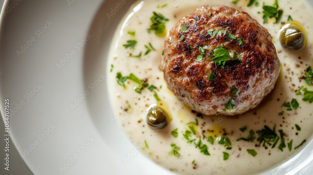 A gourmet meatball served with creamy sauce and herbs. A gourmet meatball served with creamy sauce and herbs.
