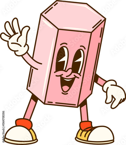 Groovy math geometric hexagonal prism figure character. Isolated cartoon vector playful educational personage for children geometry learning, with a pink color, joyful face expression and funky vibe