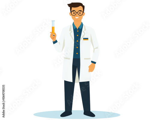 Scientist in Lab Coat Engaged in Research, Vibrant Flat Illustration, Laboratory Setting, Scientific Equipment, Focused Expression, Creative Design