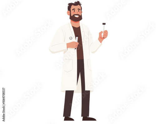 Scientist in Lab Coat, Engaged in Research, Surrounded by Lab Equipment, Focused on Experimentation, Bright and Colorful Flat Illustration
