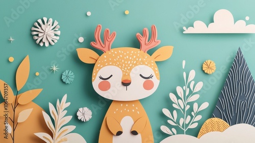 3D paper-cut cartoon illustration cute cartoon reindeer
