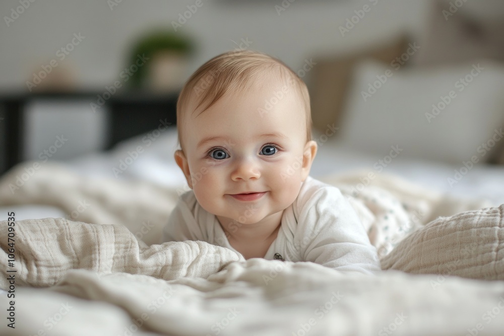 A joyful baby lies on a fluffy blanket, gazing with bright blue eyes and a warm smile. The soft indoor light creates a cozy atmosphere in the room A joyful baby lies on a fluffy blanket, gazing with bright blue eyes and a warm smile. The soft indoor light creates a cozy atmosphere in the room