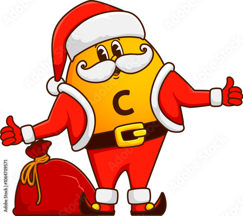 Groovy vitamin C cartoon Christmas Santa character with gifts bag, vector micronutrient emoji. Groovy vitamin C in Santa costume with happy face and gifts bag for Christmas or New Year character