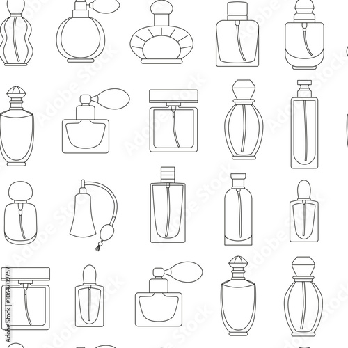 Linear fragrance bottles seamless pattern. Pump perfume bottle. Essence, toiletry flask. Vintage. Line art. Outline background, wallpaper, digital paper. Vector.