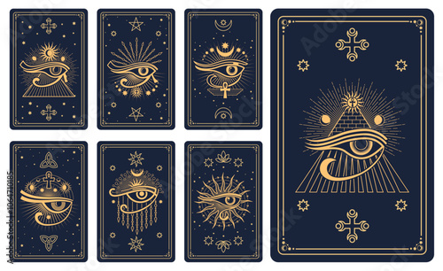 Magic tarot cards with mystic, esoteric, occult and astrology symbols in vector line celestial frames. Spiritual tarot cards back set with gold geometric pattern, Moon, eye of Horus and ankh symbols