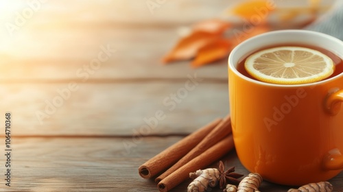 A vibrant cup of turmeric tea with a slice of lemon  photo