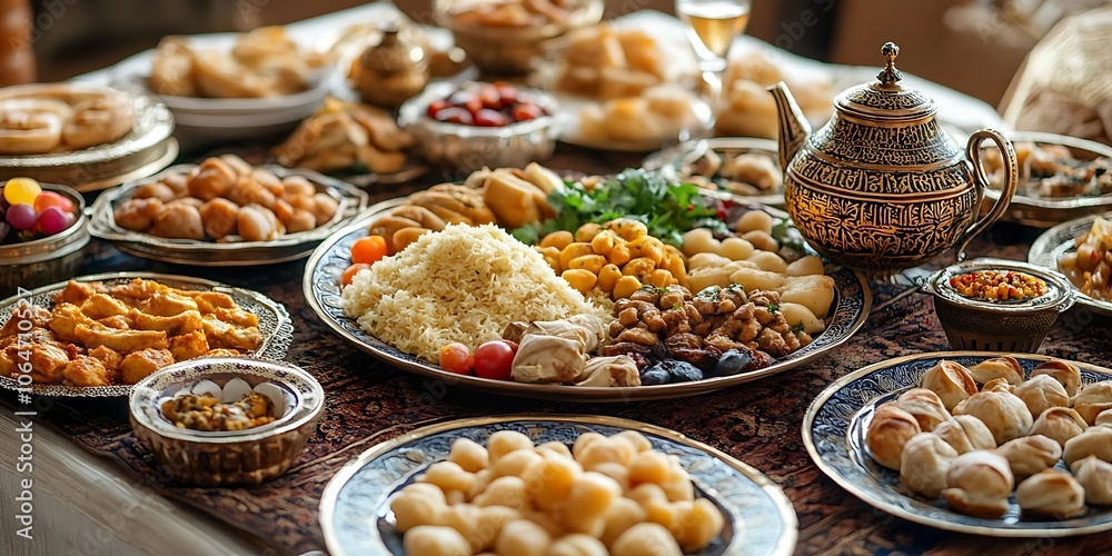 Ornate Table Setting with Assorted Dishes and Teapot -  Photo