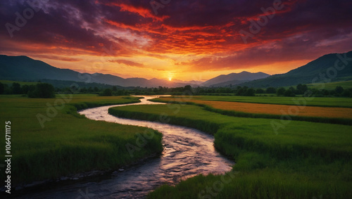 Spectacular sunset scenery with a vibrant sky and river leading through peaceful green landscapes and hills