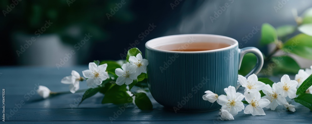 Refreshing green tea in a ceramic cup accompanied by fragrant jasmine blossoms for a serene experience. Refreshing green tea in a ceramic cup accompanied by fragrant jasmine blossoms for a serene experience.