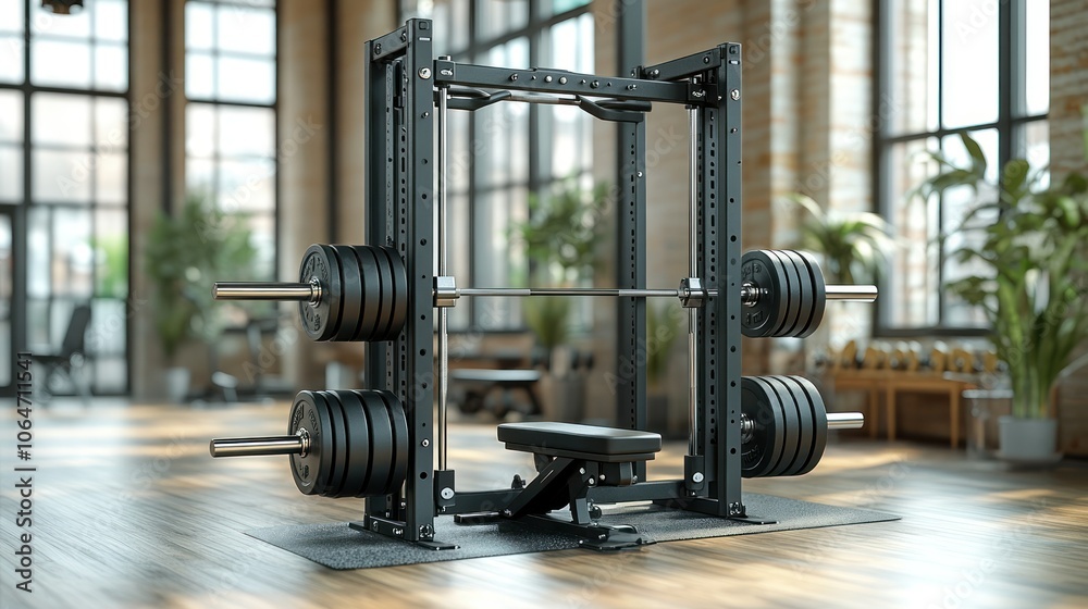 Fototapeta premium 4K image of a fully loaded Smith machine with multiple weight plates attached.